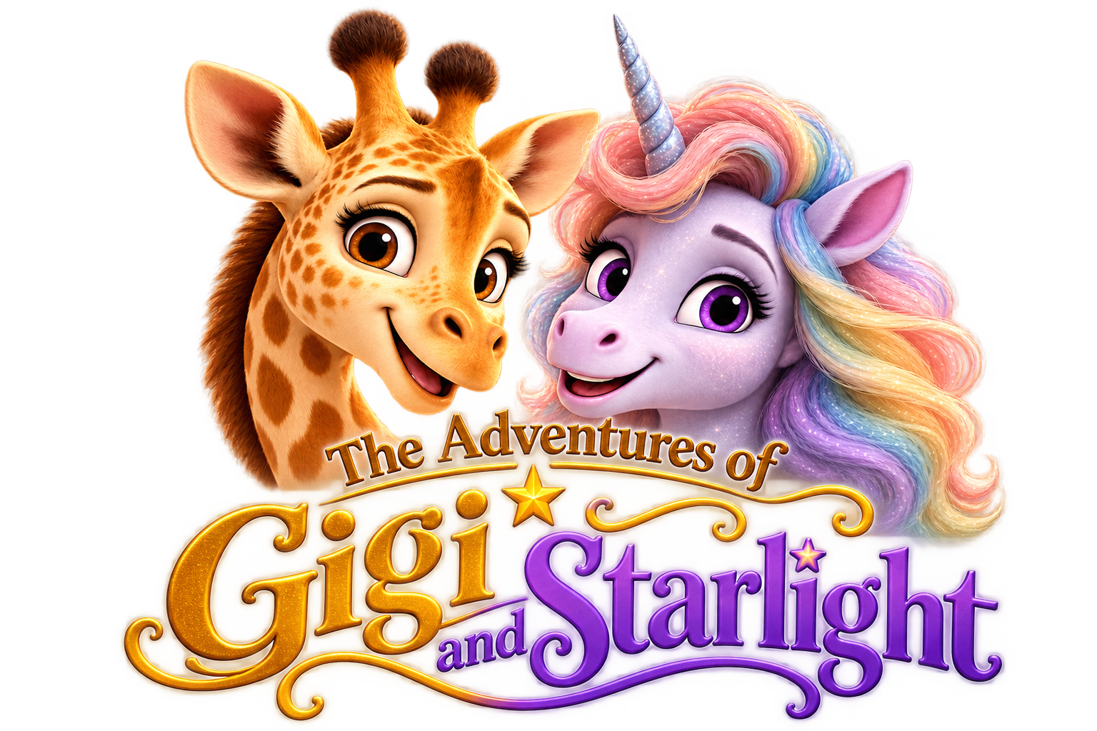 The Adventures of GiGi and Starlight: complete gold-and-purple logo with both smiling animal heads.
